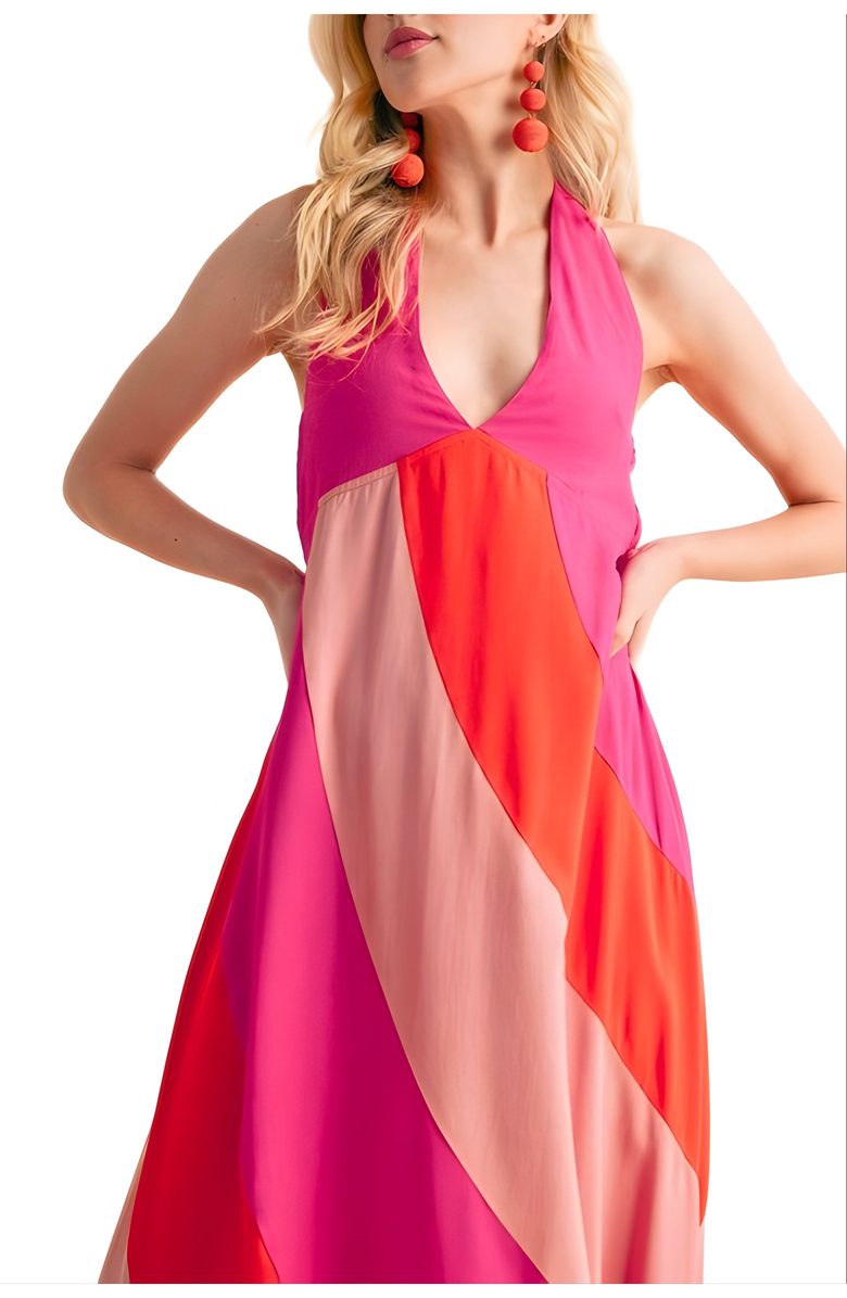 Knit and Lounge Colorblock Halter Neck Maxi Dress, Alternate, color,