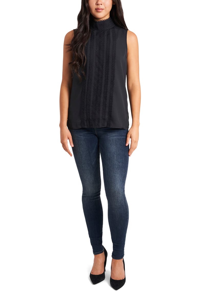 Lace Detail Sleeveless Crêpe de Chine Blouse, Alternate, color, RICH BLACK