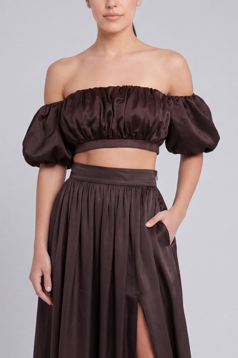 Isabelle Cotton Silk Off-Shoulder Crop Top, Main, color, Brown