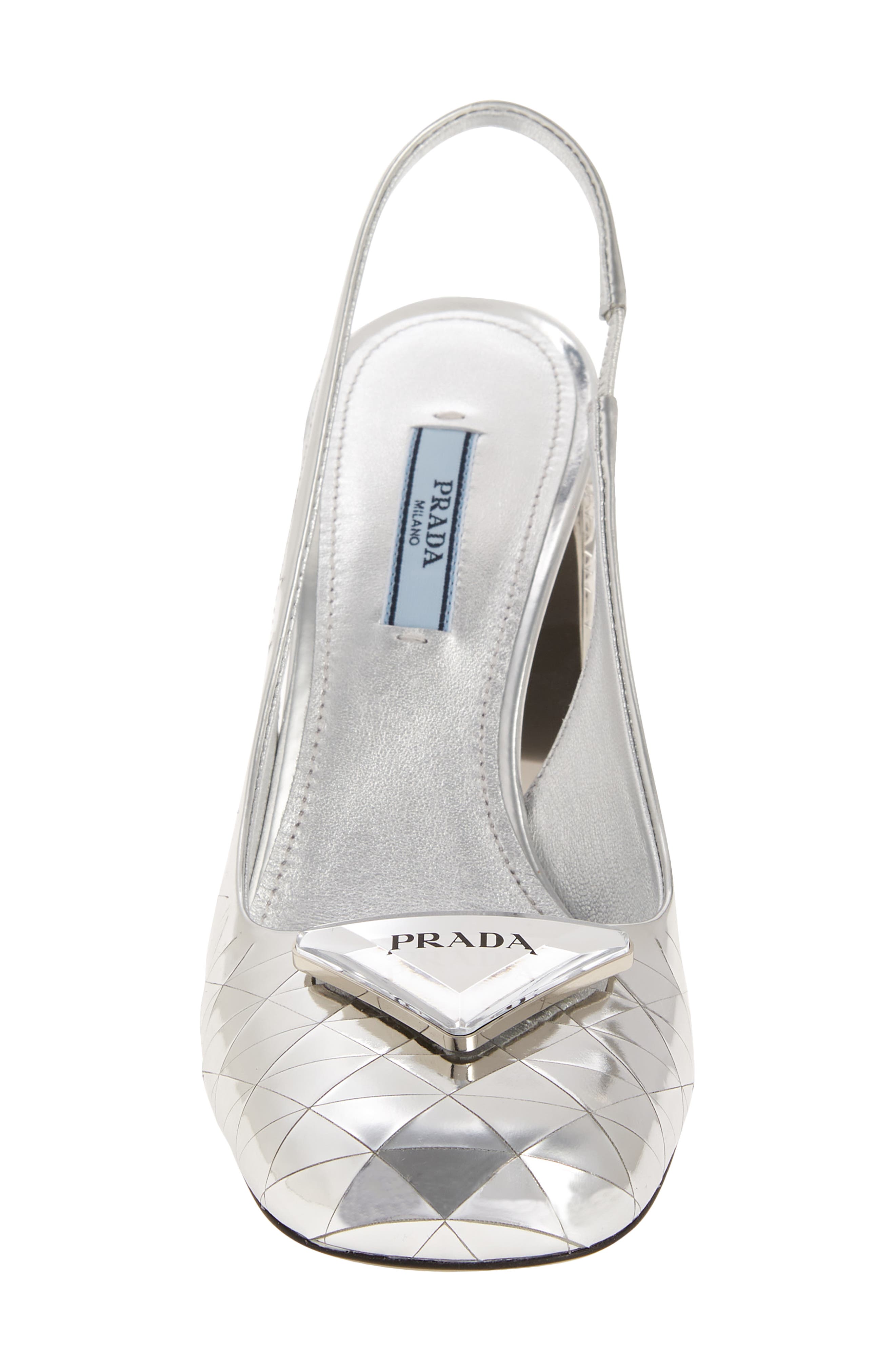 Prada Logo Metallic Slingback Sandal, Alternate, color, 