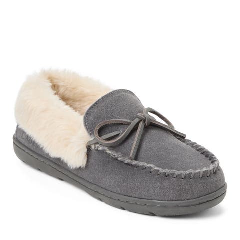 Suede Moc With Leather Lacing & Faux Fur Trim Slippers