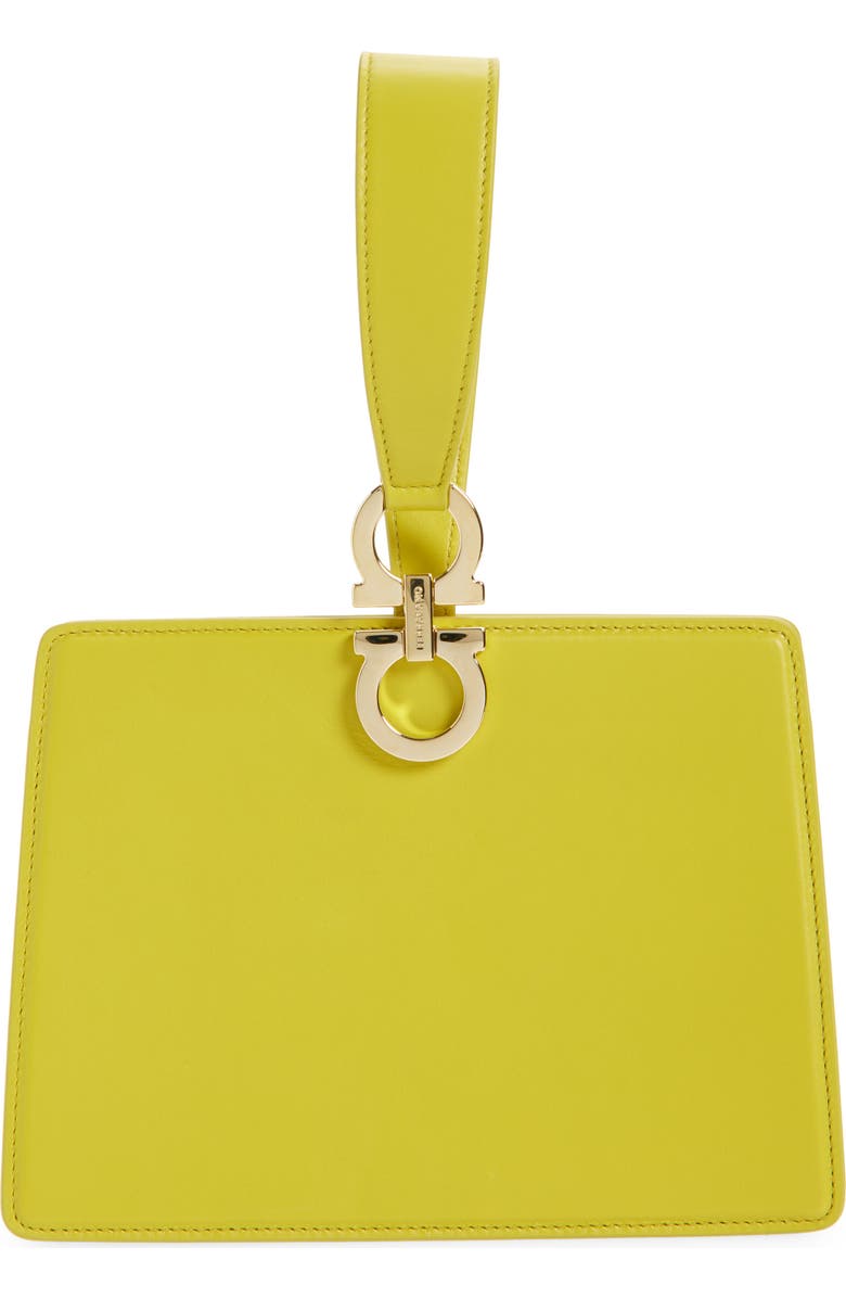 FERRAGAMO Double Gancio Leather Mini Clutch, Main, color, Antique Yellow