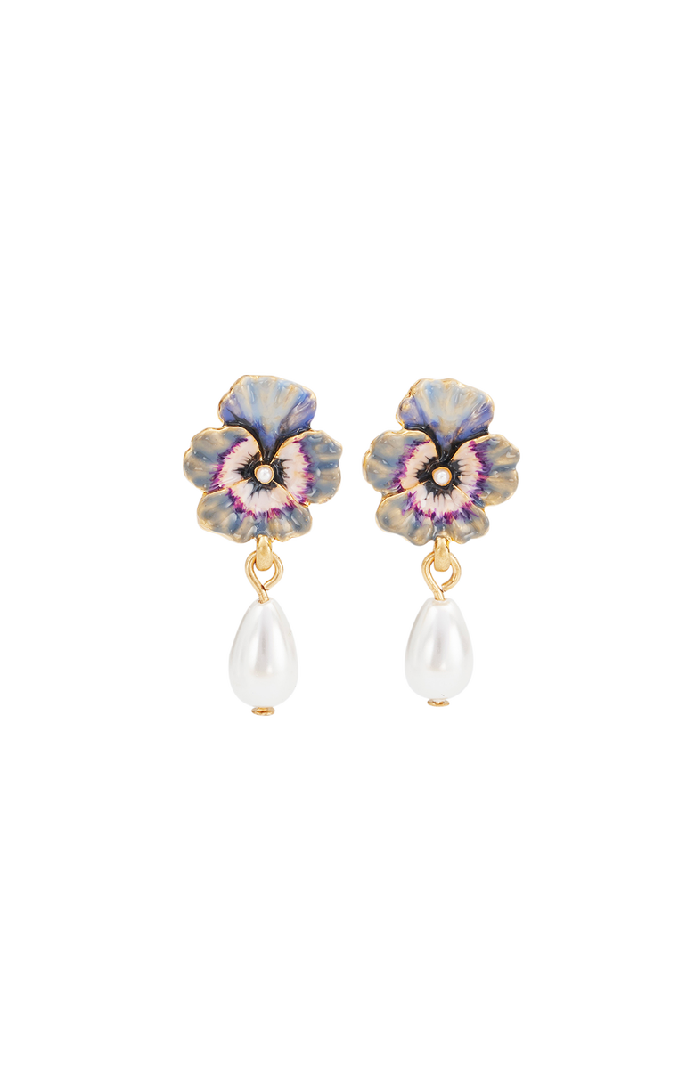 Fable England Pansy & Pearl Drop Stud Earrings, Main, color, Gold
