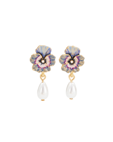 Pansy & Pearl Drop Stud Earrings