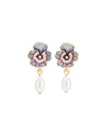 Fable England Pansy & Pearl Drop Stud Earrings