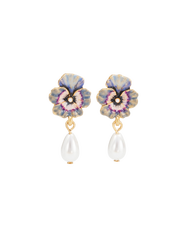 Fable England Pansy & Pearl Drop Stud Earrings