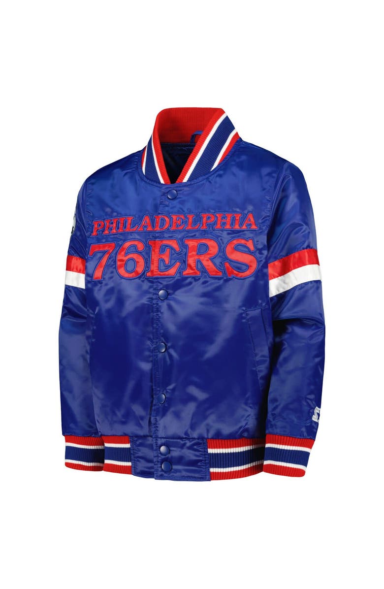 STARTER Youth Starter Royal Philadelphia 76ers Home Game Varsity Satin Full-Snap Jacket, Alternate, color, Royal