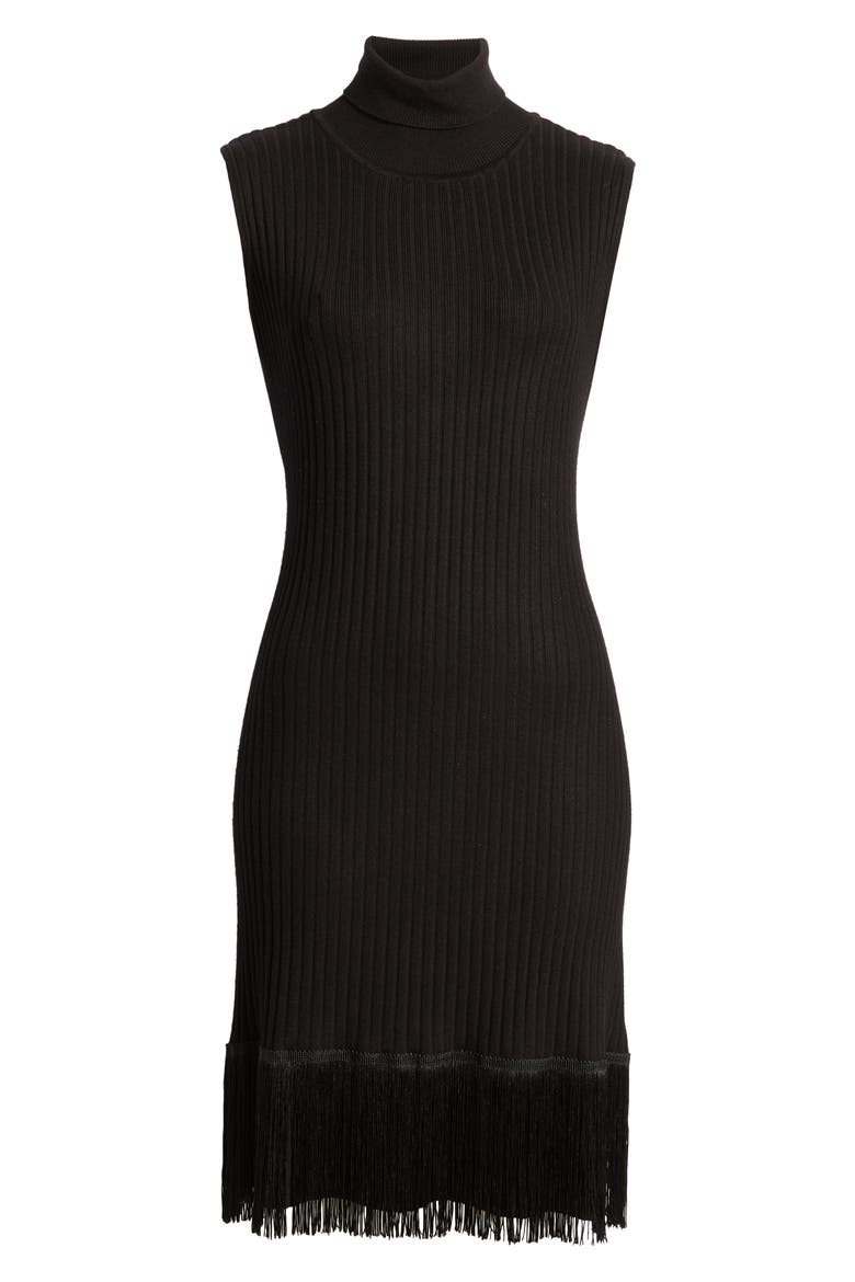Fringe Turtleneck Sweater Dress, Alternate, color, BLACK