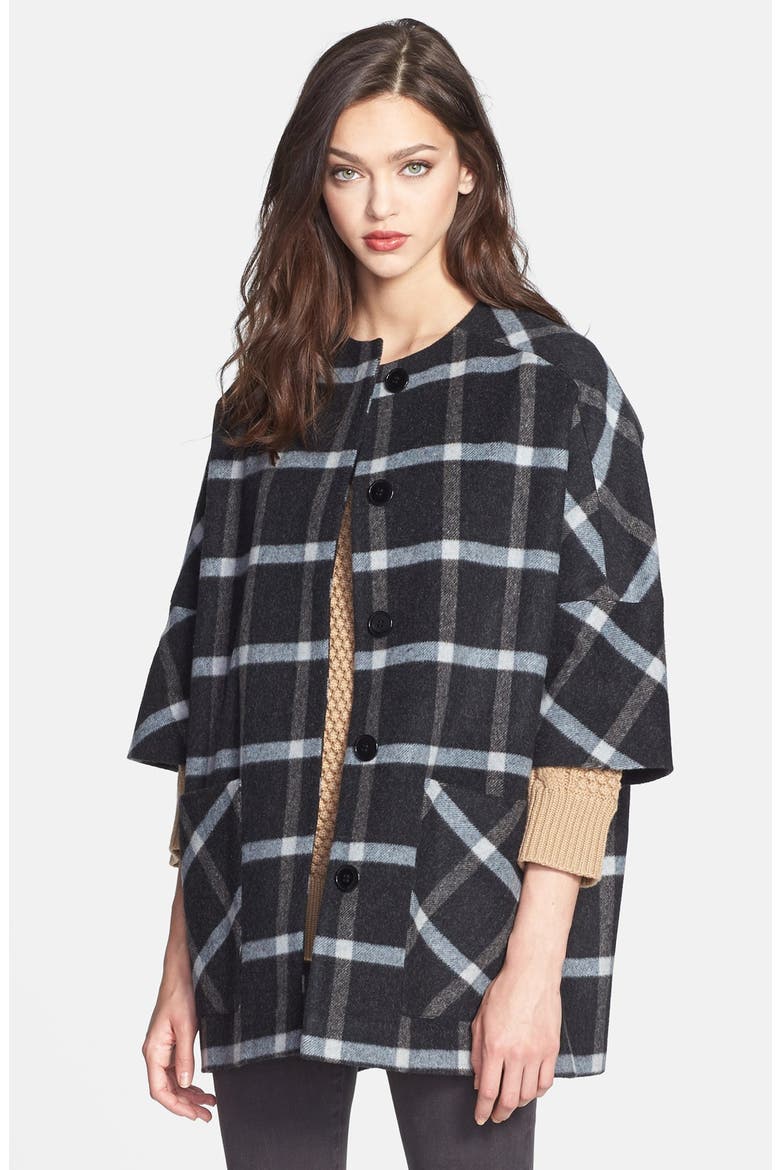 Plaid Wool Blend Coat, Main, color, CHARCOAL/ PALE BLUE