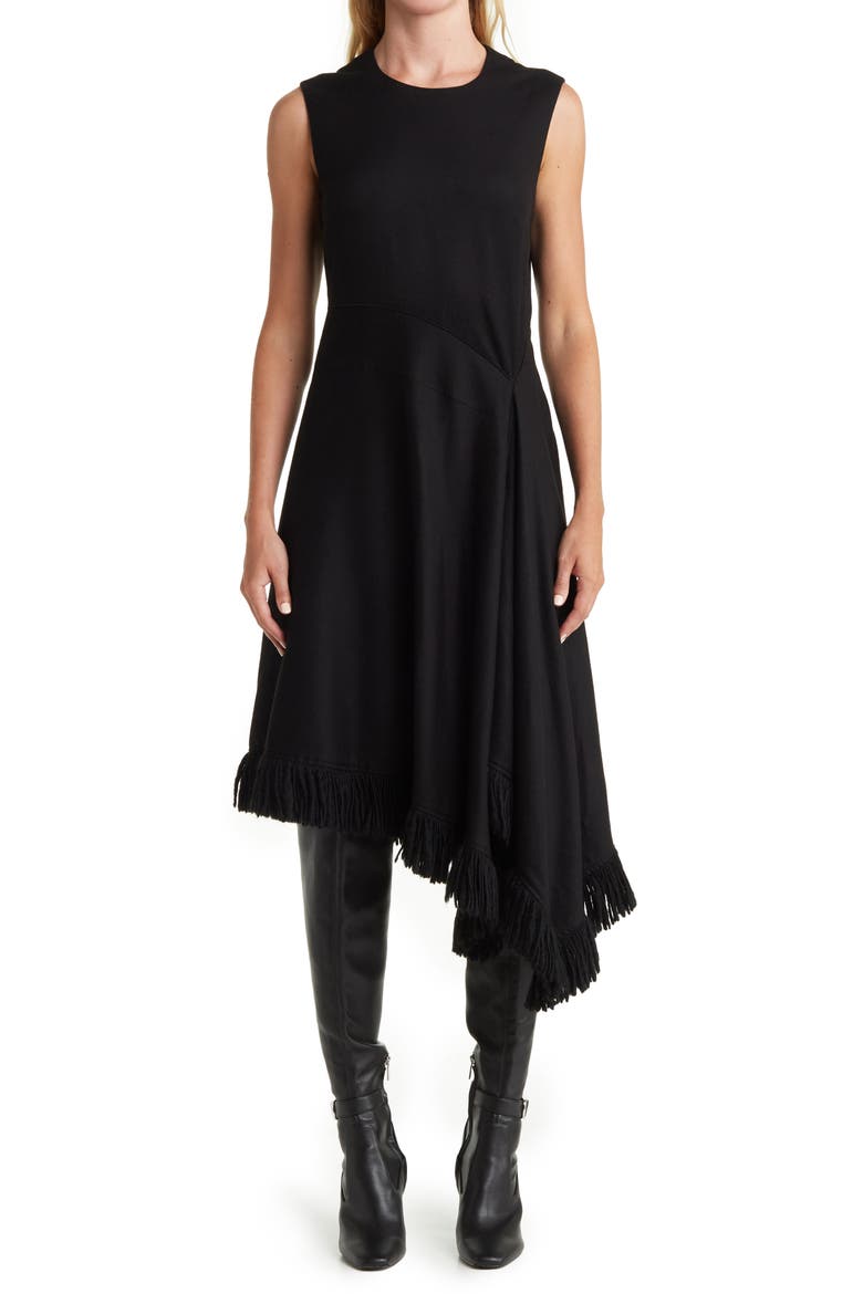 Fringe Hem Cashmere Blend Dress, Main, color, BLACK