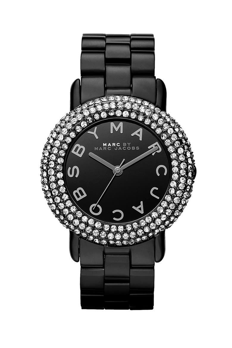 'Marci' Mirror Dial Crystal Bezel Watch, 36mm, Main, color, BLACK