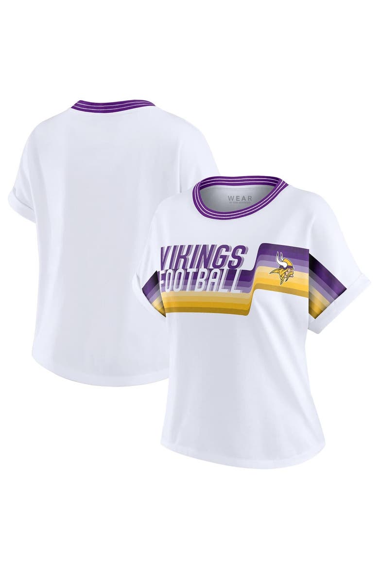 Women's WEAR by Erin Andrews White Minnesota Vikings Cropped Center Stripe Dolman T-Shirt, Main, color, White