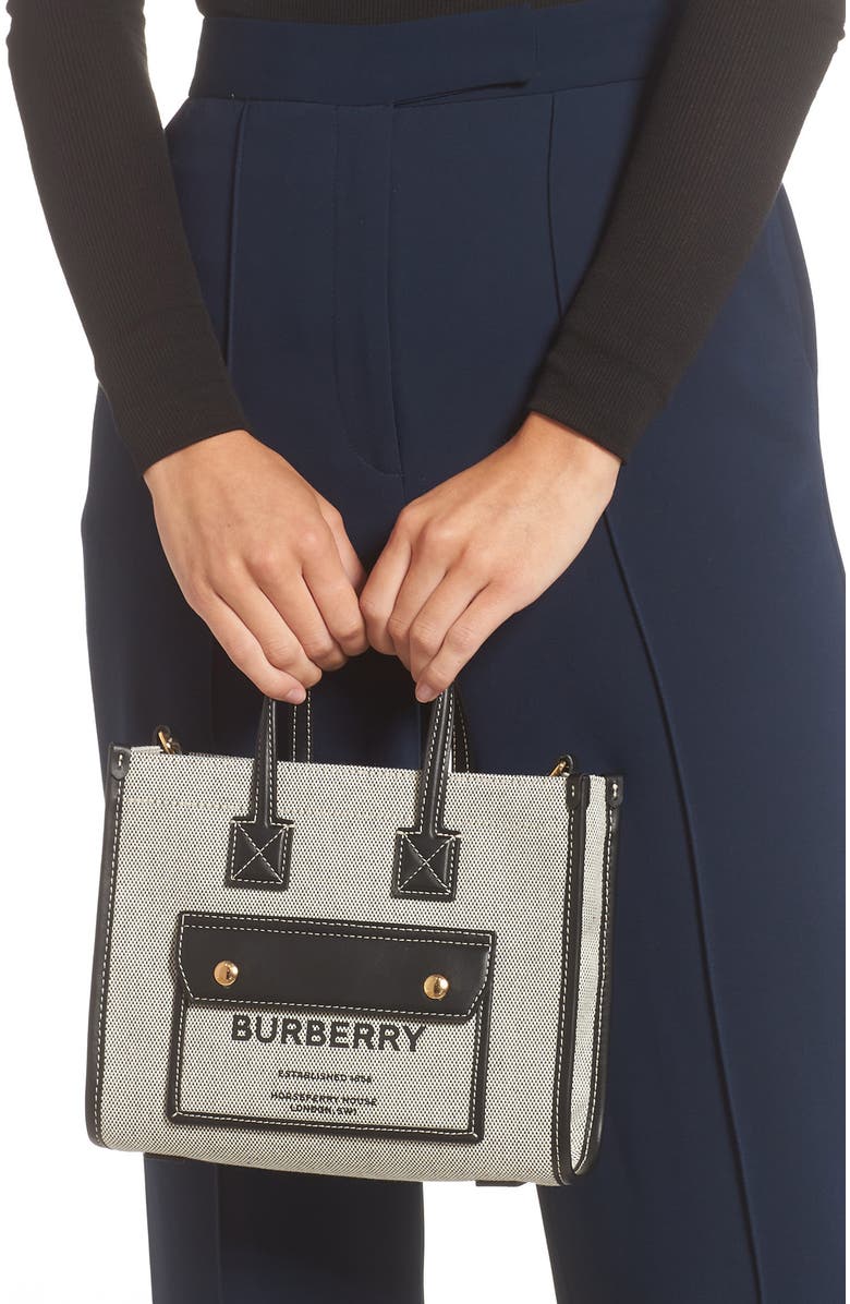 Burberry Mini Freya Horseferry Logo Canvas Tote, Alternate, color,