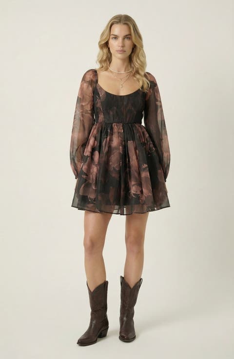 Floral Organza Bubble-Sleeve Tulle-Layered Mini Dress