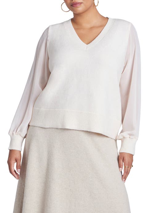 Sheer Sleeve V-Neck Sweater (Plus)