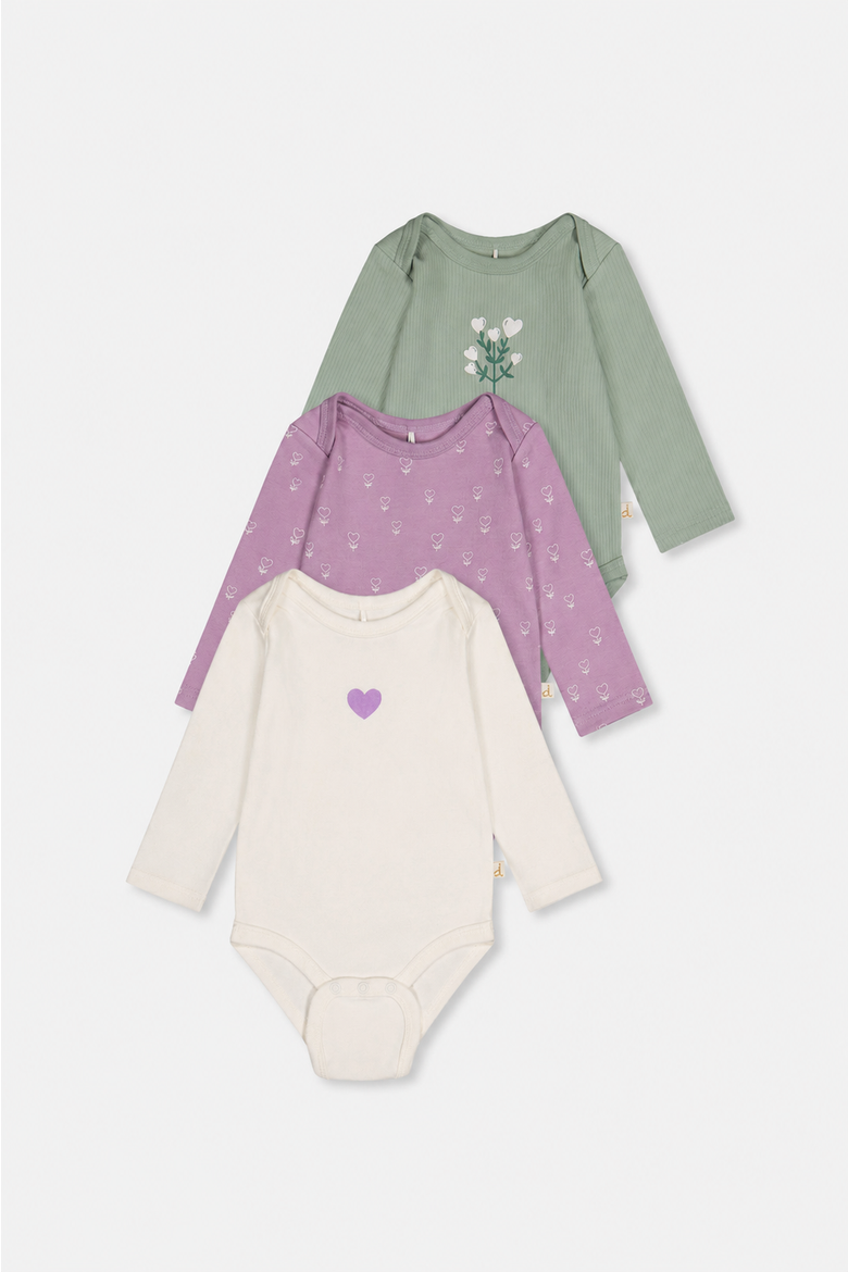 Three Pack Organic Cotton Floral Long Sleeve Bodysuit, Main, color, Purple Floral Print