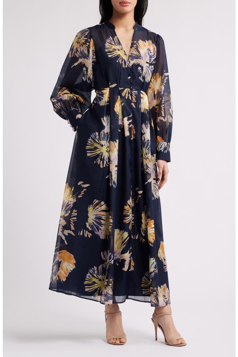 Floral Long Sleeve Maxi Dress, Main, color, NAVY MULTI POM FLORAL