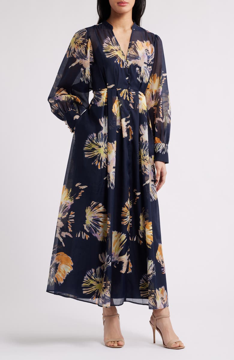 Chelsea28 Floral Long Sleeve Maxi Dress, Main, color, Navy Multi Pom Floral