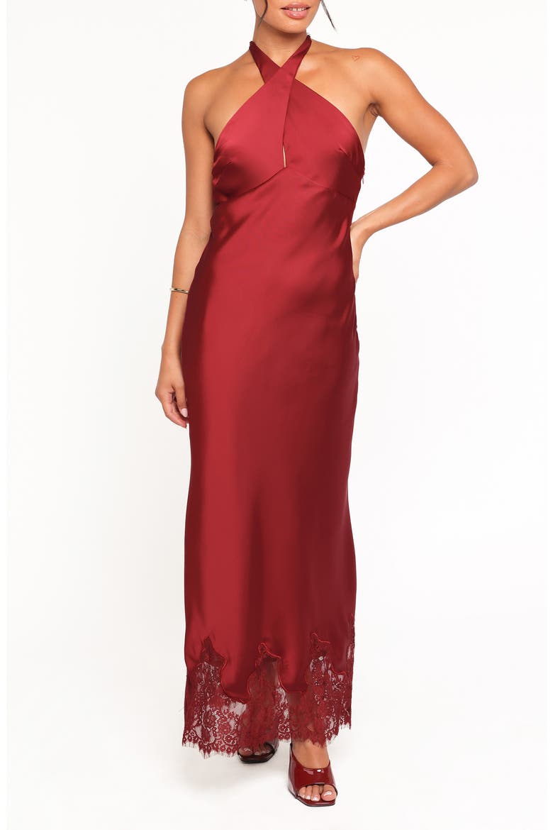 Jeannie Imitation Pearl Detail Satin Maxi Dress, Main, color, DARK RED