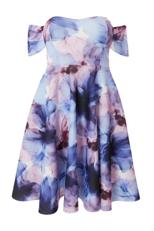 Quiz Plus Size Scuba Knit Floral Print Bardot Midi Skater Dress In Blue