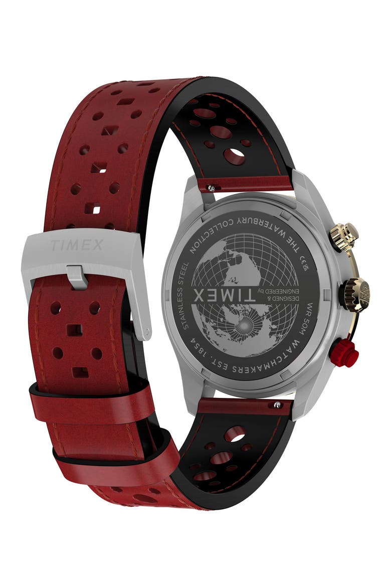Waterbury Heritage Chronograph Leather Strap Watch, 39mm, Alternate, color, RED