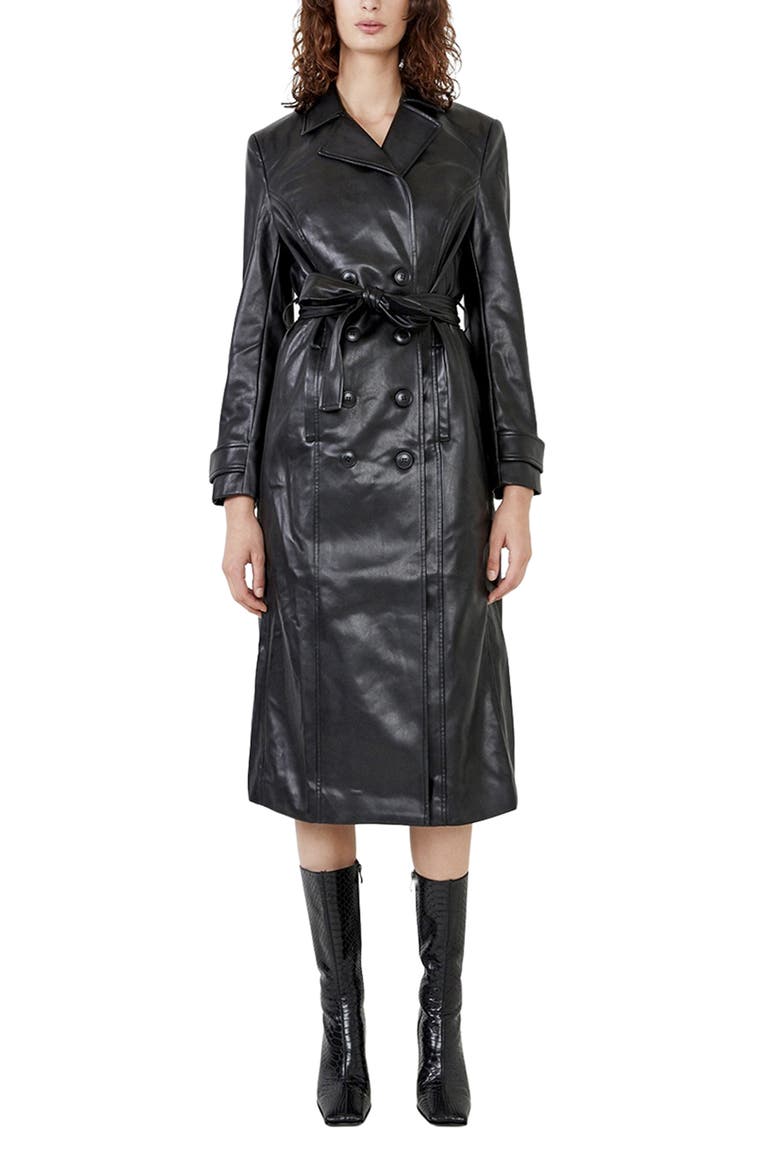 Faux Leather Trench Coat, Main, color, BLACK