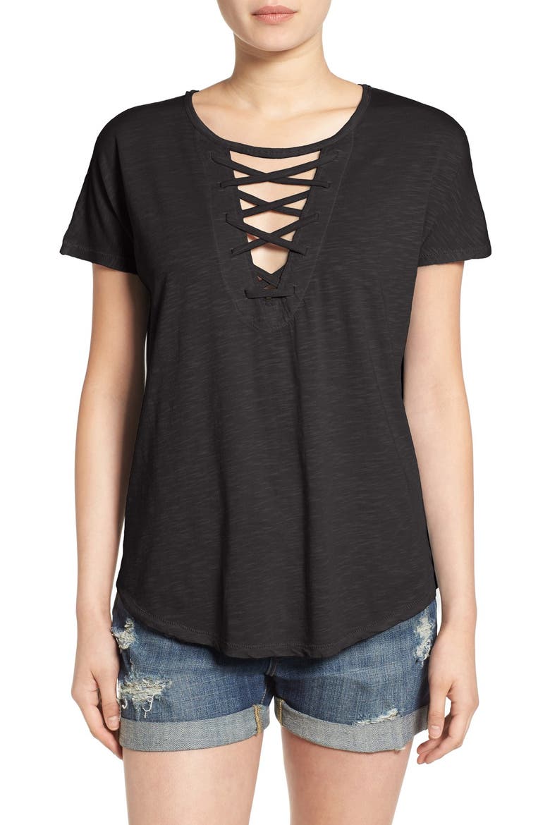 Lace-Up Tee, Main, color, BLACK
