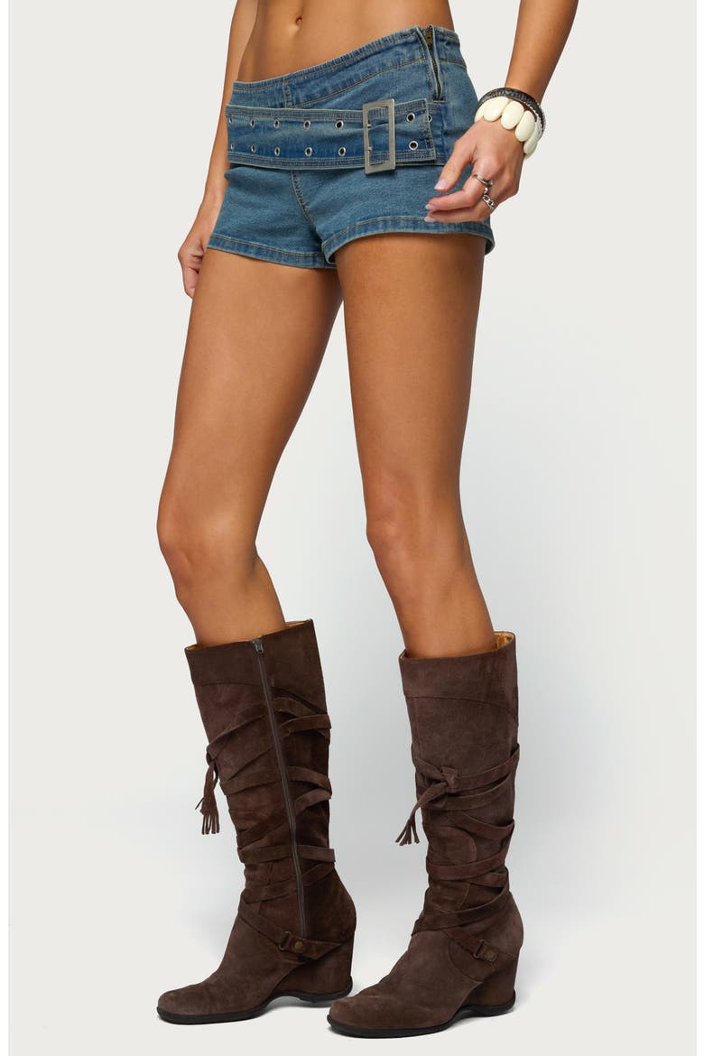 Asymmetric Belted Low Rise Denim Micro Shorts, Alternate, color, BLUE