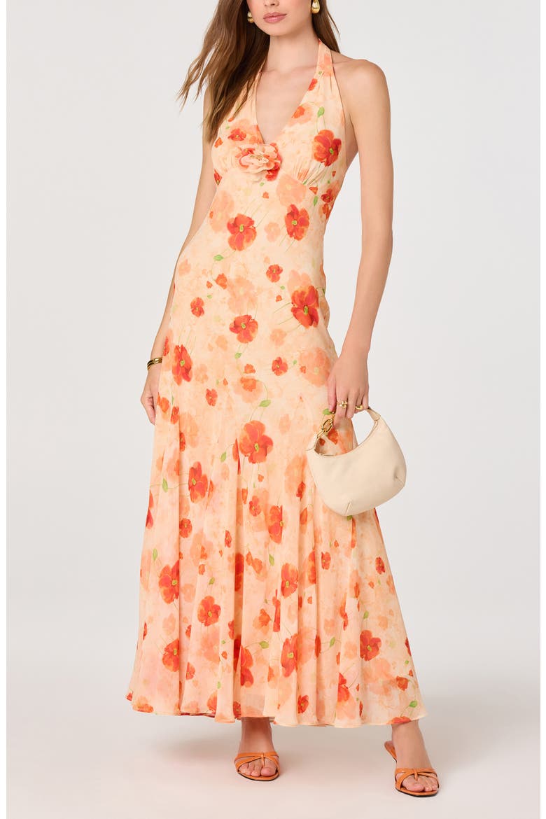 Yasmen Floral Plunge Halter Neck Maxi Dress, Alternate, color, ORANGE FLORAL