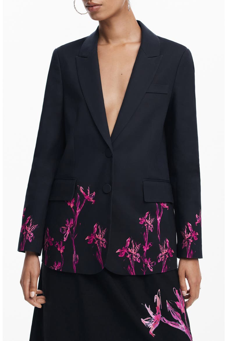Lirios Floral Print Longline Blazer, Main, color, BLACK