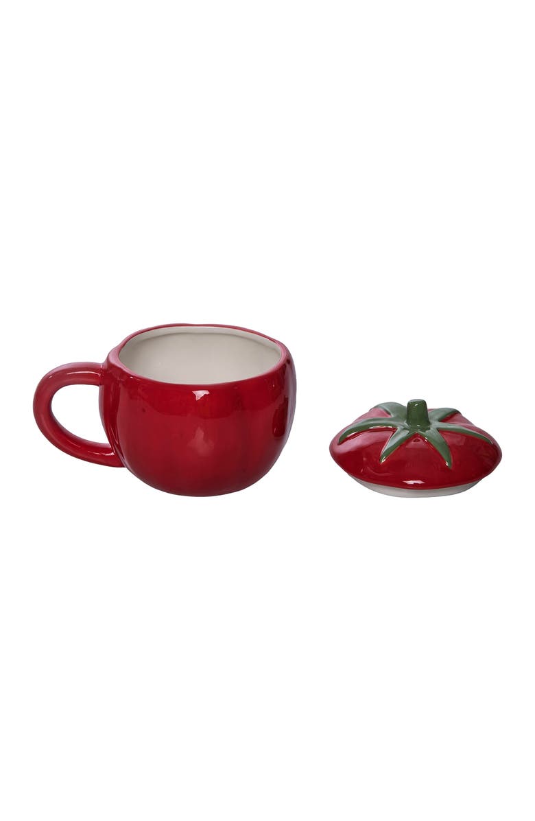 Transpac Dolomite 10 Oz Tomato Mug with Lid Red and Green for Spring Serving and Entertaining, Alternate, color, Red