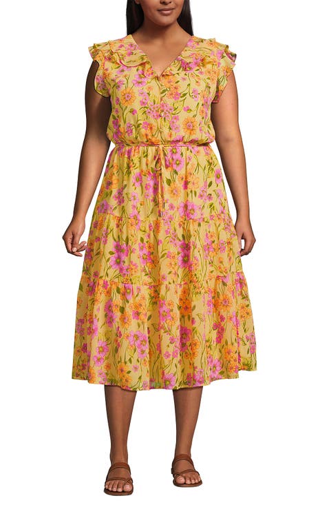 Ruffle Sleeve Chiffon Tiered Midi Dress