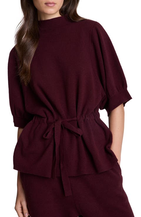 Belted Mock Neck Short Sleeve Sweater