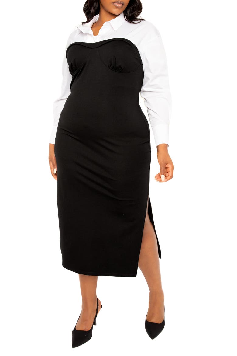 Contrast Long Sleeve Midi Shirtdress, Alternate, color, BLACK