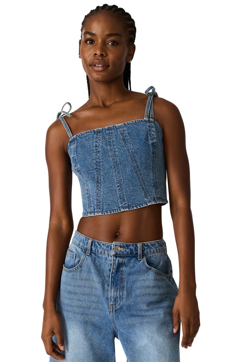 Meaghan Seamed Cotton Blend Denim Crop Top, Alternate, color, BLUE HEATHER