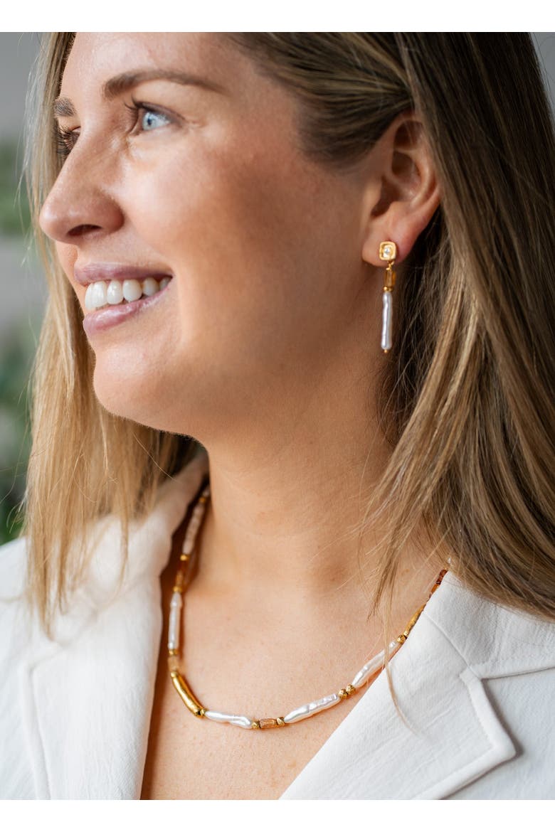 Biwa Pearl & Garnet Earring, Alternate, color, Gold