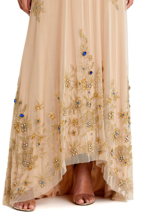 Mac Duggal High Neck Embellished Trapeze Gown In Nude Gold