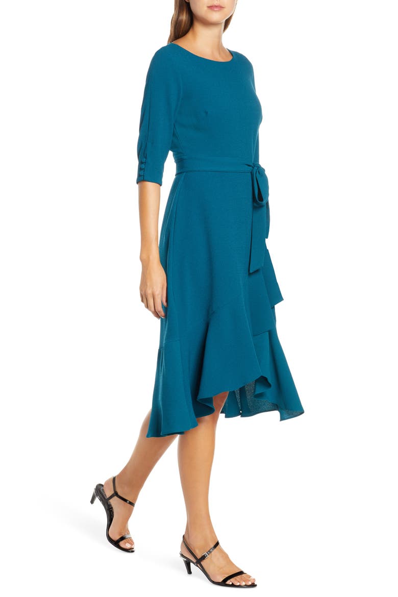 Ruffle Hem High/Low Crepe Dress, Alternate, color, TEAL