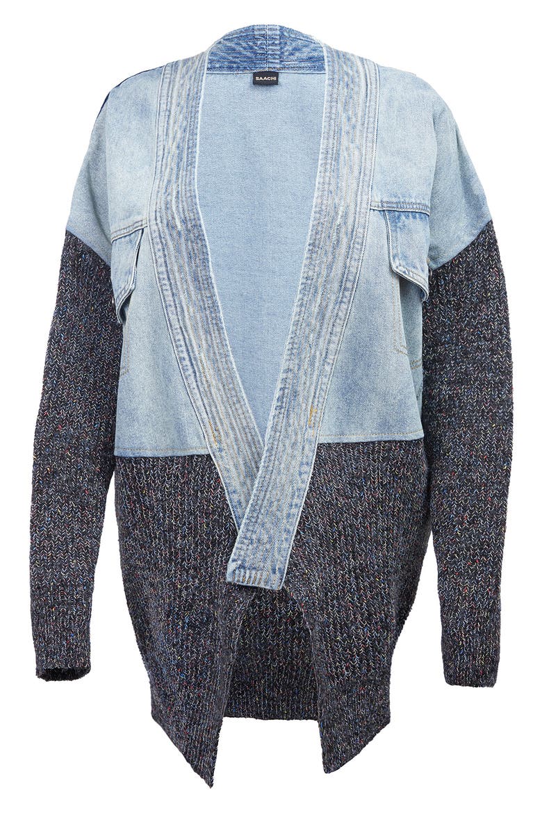 Mixed Media Denim Cardigan, Alternate, color, BLUE