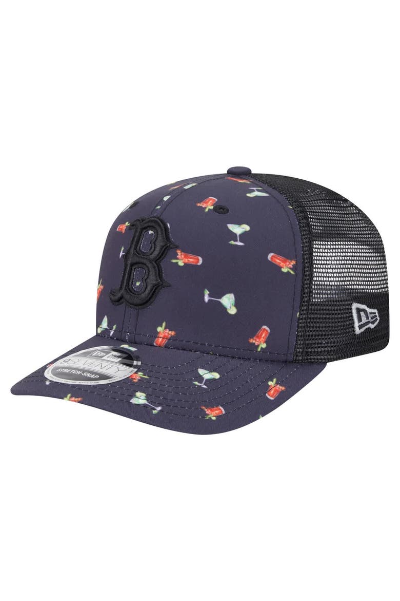 Men's New Era Black Boston Red Sox Adventure Drinks Pattern 9SEVENTY Stretch-Snap Hat, Main, color, Navy