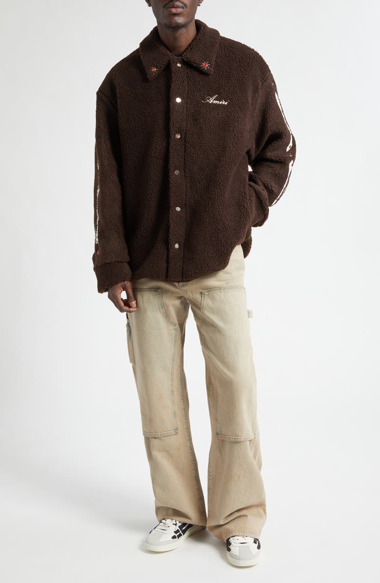 AMIRI Studded Bones Appliqué High Pile Fleece Overshirt, Alternate, color, Dark Brown