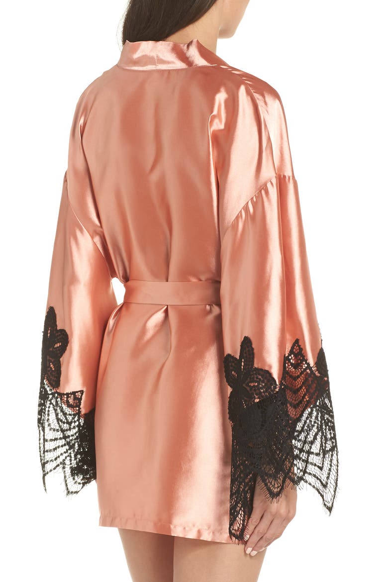Drama Lace Trim Satin Robe, Alternate, color, CAMEO BROWN/ BLACK