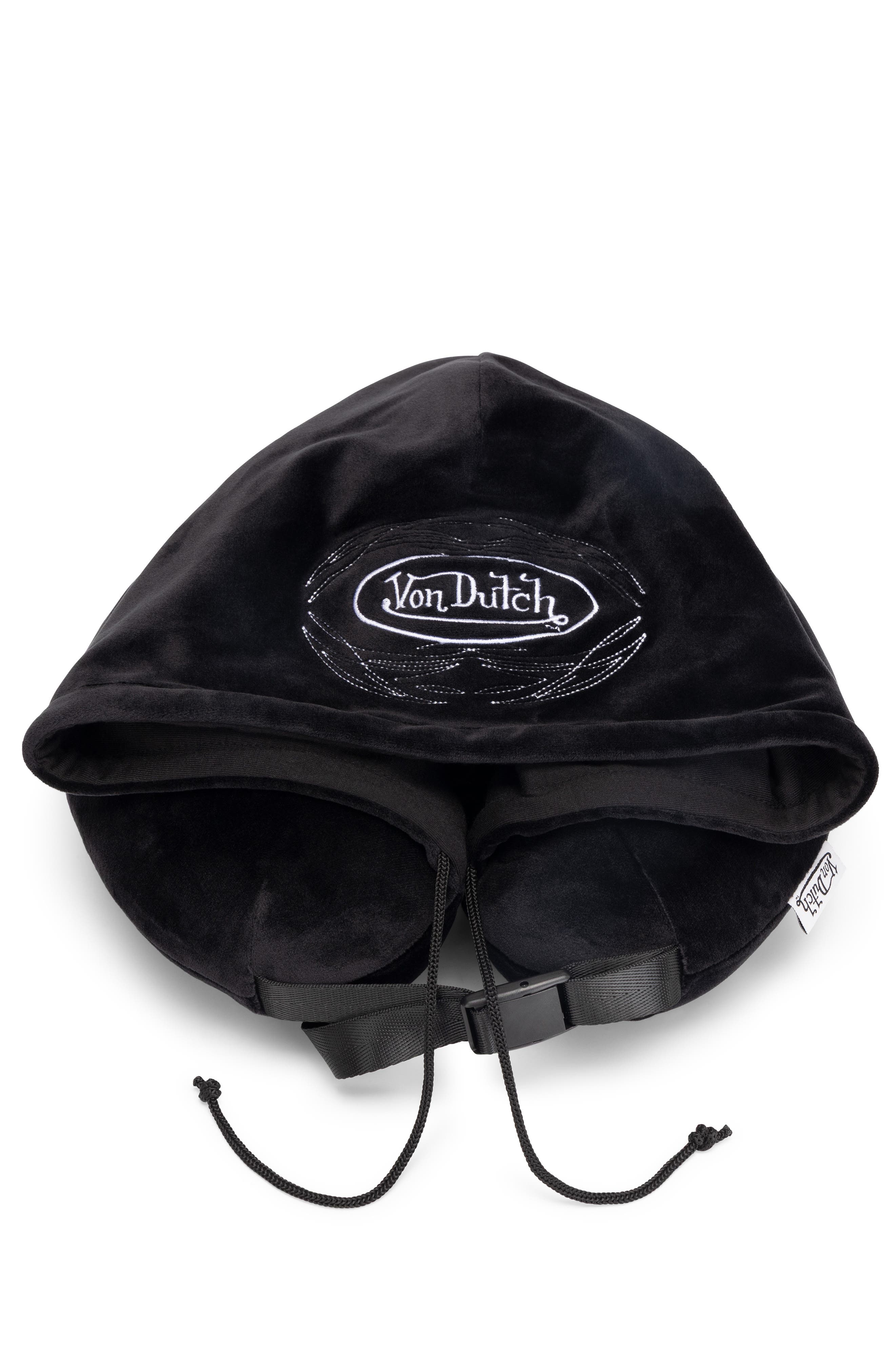 Von Dutch Pinstripe Hooded Memory Foam Travel Neck Pillow, Alternate, color, Black