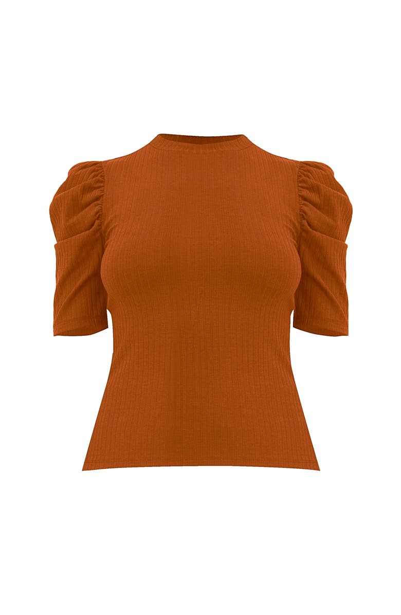 IVONNE Puff Shoulder Ribbed-Knit T-shirt, Alternate, color, Brown