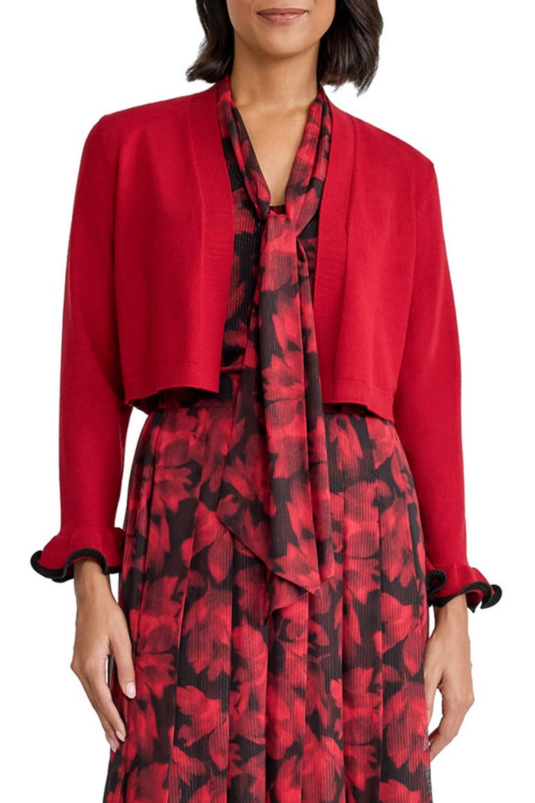 Sculptural Cuff Shrug Cardigan, Main, color, FIRE RED/ BLACK