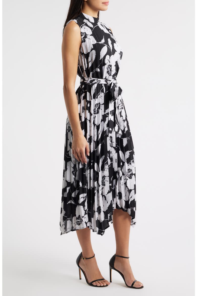 Floral Handkerchief Hem Pleated Midi Dress, Alternate, color, BLACK WHITE