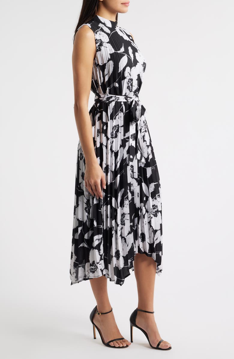Tahari ASL Floral Handkerchief Hem Pleated Midi Dress, Alternate, color, Black White