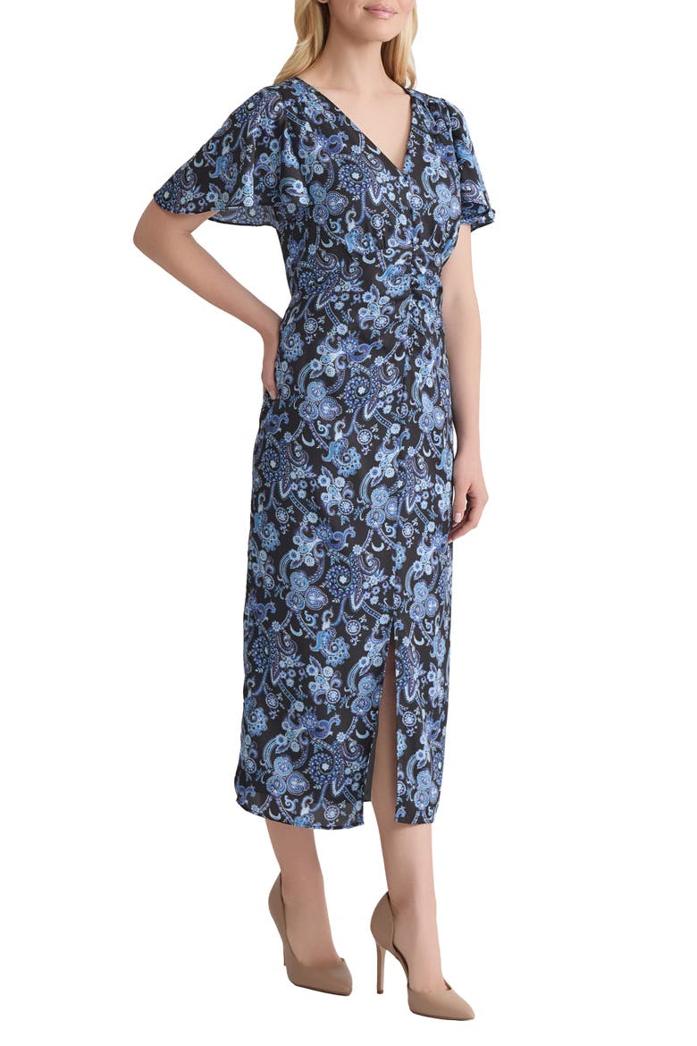 Flutter Sleeve Midi Dress, Alternate, color, JONES BLACK MULTI