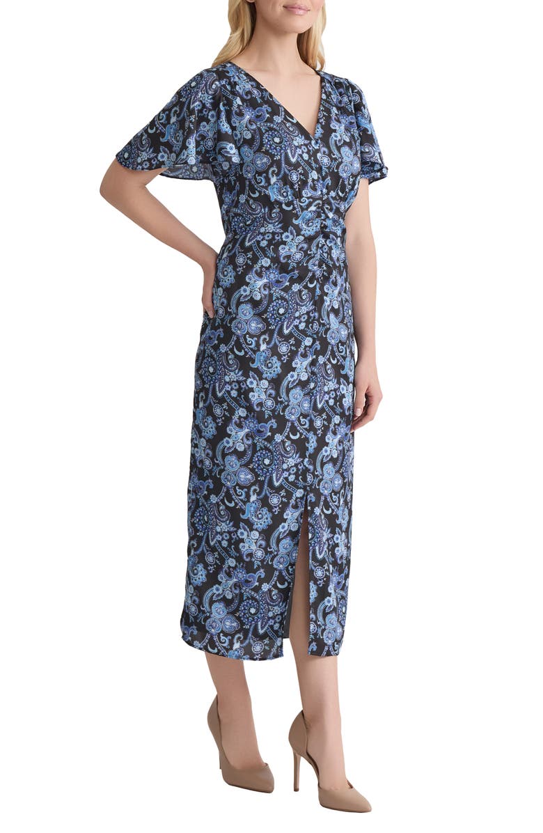 Jones New York Flutter Sleeve Midi Dress, Alternate, color, Jones Black Multi