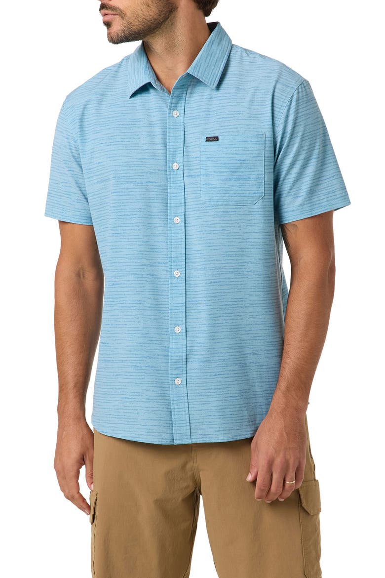 Standard Fit TRVLR Traverse Stripe Short Sleeve Performance Button-Up Shirt, Main, color, STONE BLUE